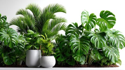 Obraz premium Variety of lush green plants against a white background with copy space