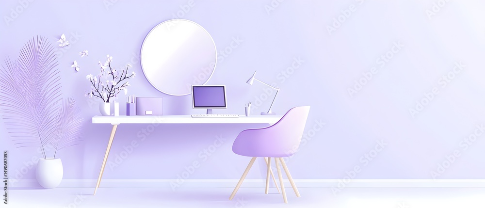 Poster a computer desk with a white computer monitor and a small potted plant
