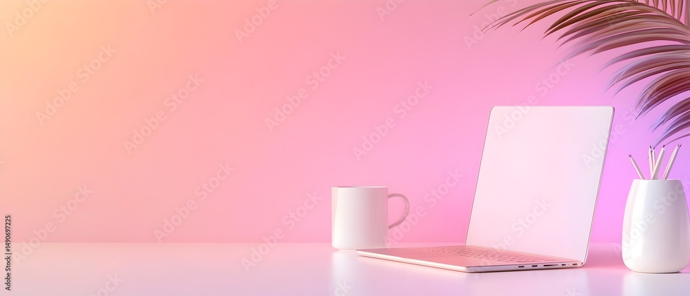 Poster a computer monitor is on a desk with a keyboard and a cell phone