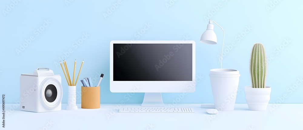 Poster a computer monitor sits on a desk with a keyboard and mouse