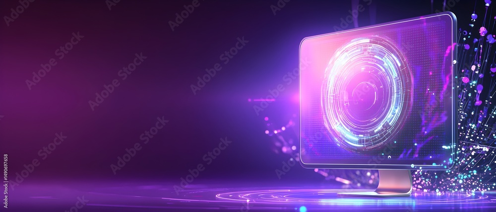 Poster a computer monitor with a purple background and a purple circle on it