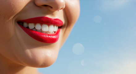 Fototapeta premium Close-up of woman's bright red lips and white teeth smiling against blue bokeh background. Beauty concept for lipstick advertising, dental services and cosmetic procedures