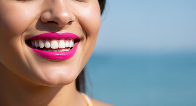 Close-up of woman with bright pink lipstick and white teeth smiling against blue background. Beauty concept for dental services, cosmetic products and lipstick advertising