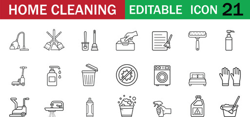 Home Cleaning editable icon pack showcases 21 thin‑line symbols of tools, supplies, and hygiene actions ideal for housekeeping apps, sanitation infographics, and maintenance service branding.
