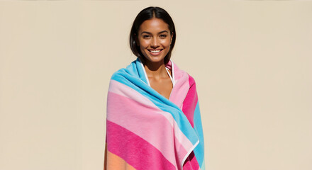 Woman with straight black hair wrapped in multicolored striped beach towel against beige background. Summer beach accessory concept for resort wear, bath textiles and vacation essentials marketing