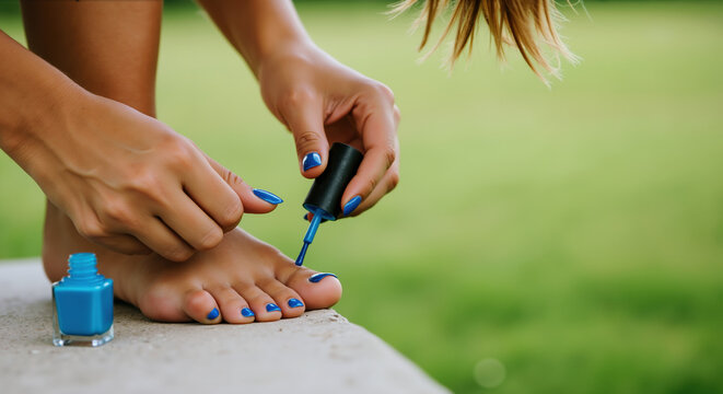 Woman applying blue nail polish on toes outdoors with matching manicure against green grass background. Summer beauty concept for nail care products, pedicure services and outdoor spa treatments