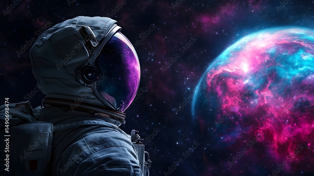 Poster astronaut staring at colorful planet in deep space background