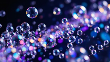 Naklejka premium Iridescent bubbles drift across a dark canvas, creating a vibrant oil slick effect with luminous rainbow highlights, perfect as a captivating background.