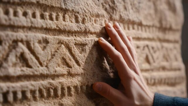 Touching the Past: A hand tenderly explores ancient stone carvings, revealing the beauty of the past. The close-up photo highlights the textures and patterns, adding depth and interest.
