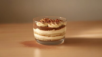 A classic tiramisu in a glass dish with dusted cocoa powder