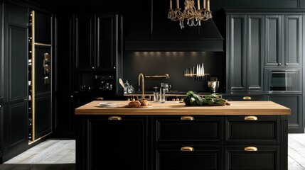 Contemporary kitchen featuring black cabinetry, butcher block island, and gold hardware for a warm-modern blend