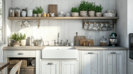 Designer kitchen blending clean lines and rustic charm, with farmhouse sinks, wooden shelving, and whitewashed cabinets