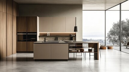 Designer kitchen featuring a floating island, matte finishes, and a seamless transition to an open dining area