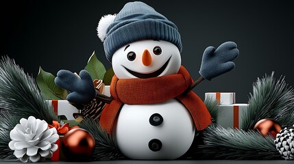there is a snowman wearing a hat and scarf next to christmas decorations