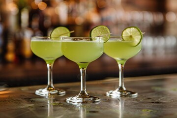 Three Green Cocktails with Lime and Ginger Garnish Varient 2