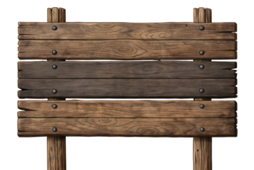 Rustic wooden board sign isolated on white or transparent background