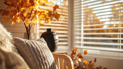 Cozy autumnal living room scene by window.