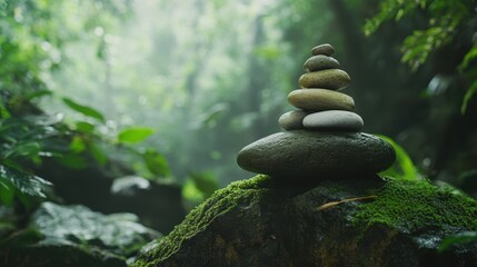 Zen Stone Pyramid in Lush Green Forest Symbolizing Balance Harmony and Meditation Spiritual and Natural Serenity Calmness and Relaxation Concept
