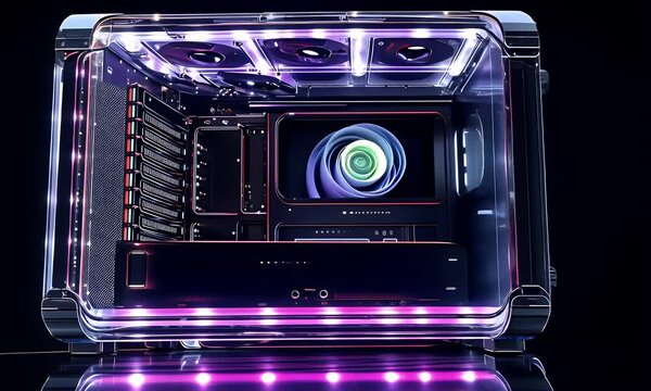Futuristic Transparent PC Case with RGB Lighting for Gaming and High-Performance Computing