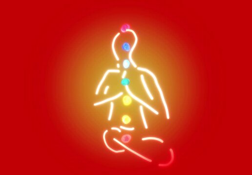 Chakra Meditation Animation Glowing Light Body with Energy Centers on Red Background for Spiritual Healing