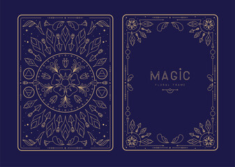Modern magic witchcraft frames with floral elements and ornament. Decorative floral back and face card design. Vector illustration