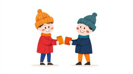 Naklejka premium Two Children in Colorful Winter Hats Joyfully Exchanging Orange Cups on a White Background