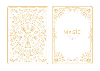 Modern magic witchcraft frames with floral elements and ornament. Decorative floral back and face card design. Vector illustration