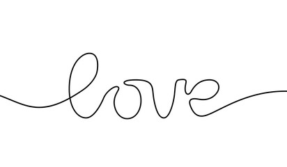 Word love handwritten continuous line. Single outline. Hand drawn contour script. Drawing calligraphy. Design love prints. Lineart sketch letter. Text isolated on white background. Vector illustration