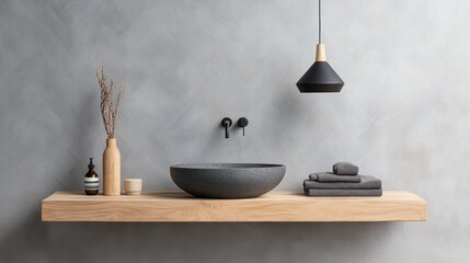 Modern gray bathroom vanity with a dark gray sink and wooden countertop