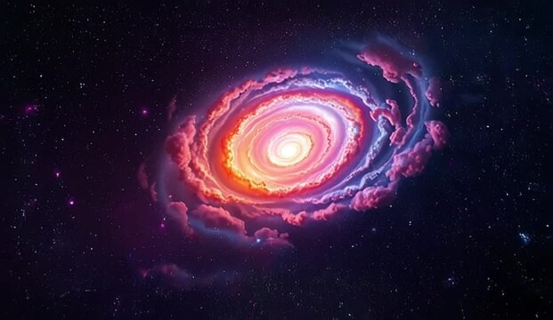 The spiral galaxy, bursting with vibrant colors, slowly rotates in the deep space. Nebula clouds swirl and interweave with stardust trails, creating a hyperreal composition with immense depth