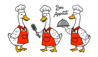 goose wearing a chef hat and holding a spatula and dish covered with a cloche, cooking duck mascot collection © Satoru Sketches