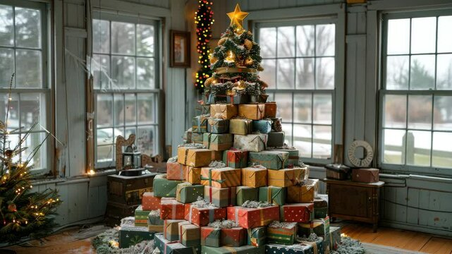 Unique Christmas Tree Made of Wrapped Gifts in a Rustic Room with Natural Light and Snowy Winter Scenery Outside