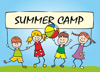 Group of four children, boys and girls, kids holding banner with text summer camp, color picture on blue background, vector illustration
