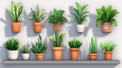 Fototapeta premium Arrangement of various potted houseplants on a wall and shelf.