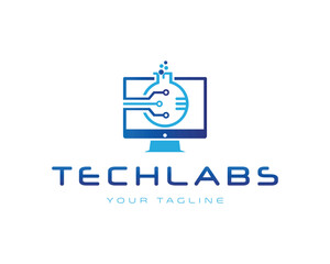 Tech labs logo design featuring a computer monitor and science beaker vector template