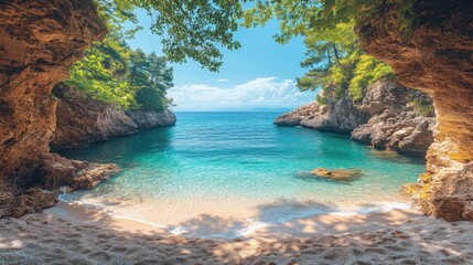 Tranquil cove with turquoise water and sandy beach, framed by lush greenery and rock formations