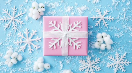 Festive Top-Down Design, Light Pink Square Gift Box on Blue Snowy Background, White Cross Ribbon & Snowflake Ornaments, Scattered Cotton Balls & Snowflake Decorations, Minimalist Winter Style