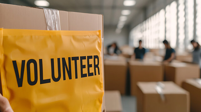 Volunteers working on a project. Cardboard boxes are prepared in an industrial setting with natural light. Community service, support, and giving back.