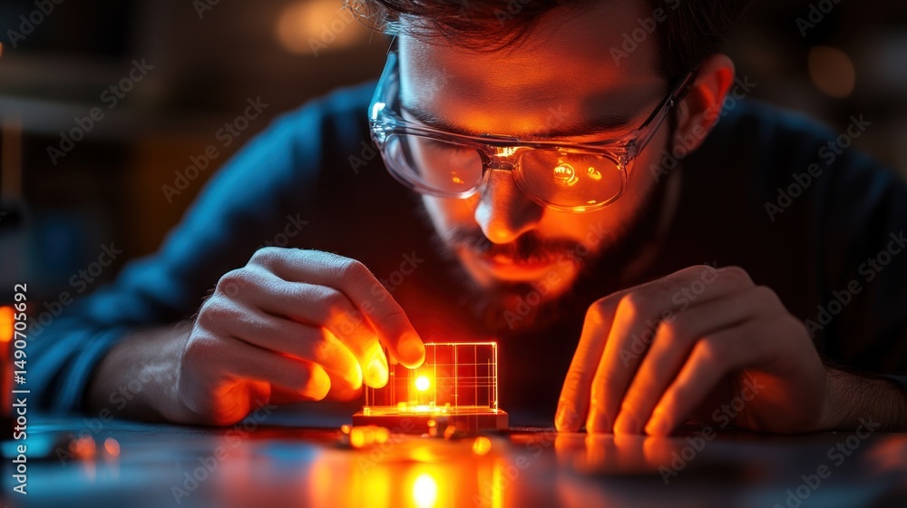 Poster focused engineer meticulously works on a small solar panel in a lab