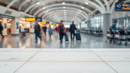 Fototapeta premium Wooden table for product display on the blurred airport background