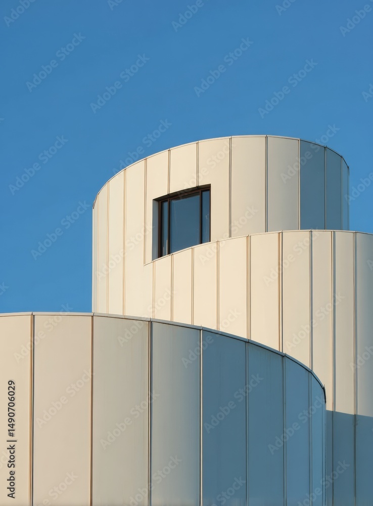 Poster modern building with curved, minimalist architecture and a single window against a clear blue sky.