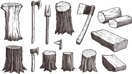 Hand Drawn Lumberjack Tools and Tree Stumps Collection for Design Projects © Forest.Rox