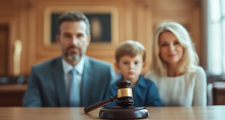 Family court decision with parents, child, and gavel: Illustrating legal proceedings, parental rights, and judicial process in resolving family matters.