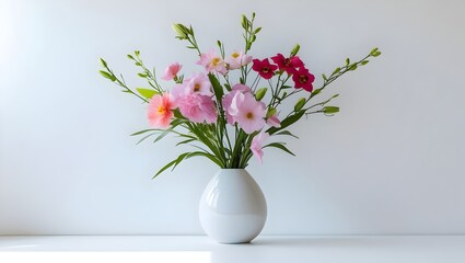 Minimalist Floral Beauty: Vibrant Fresh Flowers in Sleek White Ceramic Vase on Pure White Background