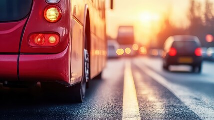 Red Bus Tail Lights Glimmering on Wet Road During Sunset Commute.