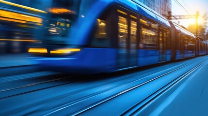 Blue Tram Speeding Through Cityscape, Modern Transportation System.
