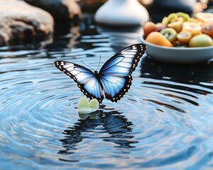 Blue butterfly rests gently on water, surrounded by nature