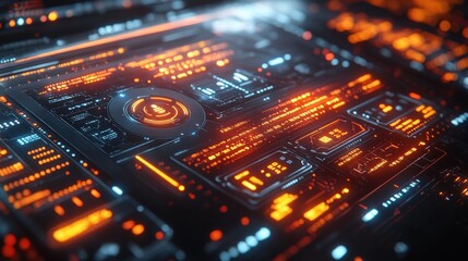 Futuristic technological interface with glowing orange and blue details