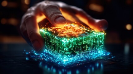 Hand interacts with glowing, complex, digital cube