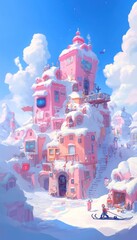 A whimsical, pastel-pink, snowy village nestled high in the mountains.  Charming, cozy, and inviting, with a touch of fantasy